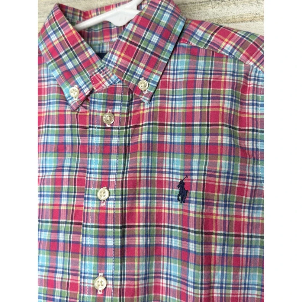 Ralph Lauren Button Down Shirt Boys 4T Red Blue Plaid Preppy EUC